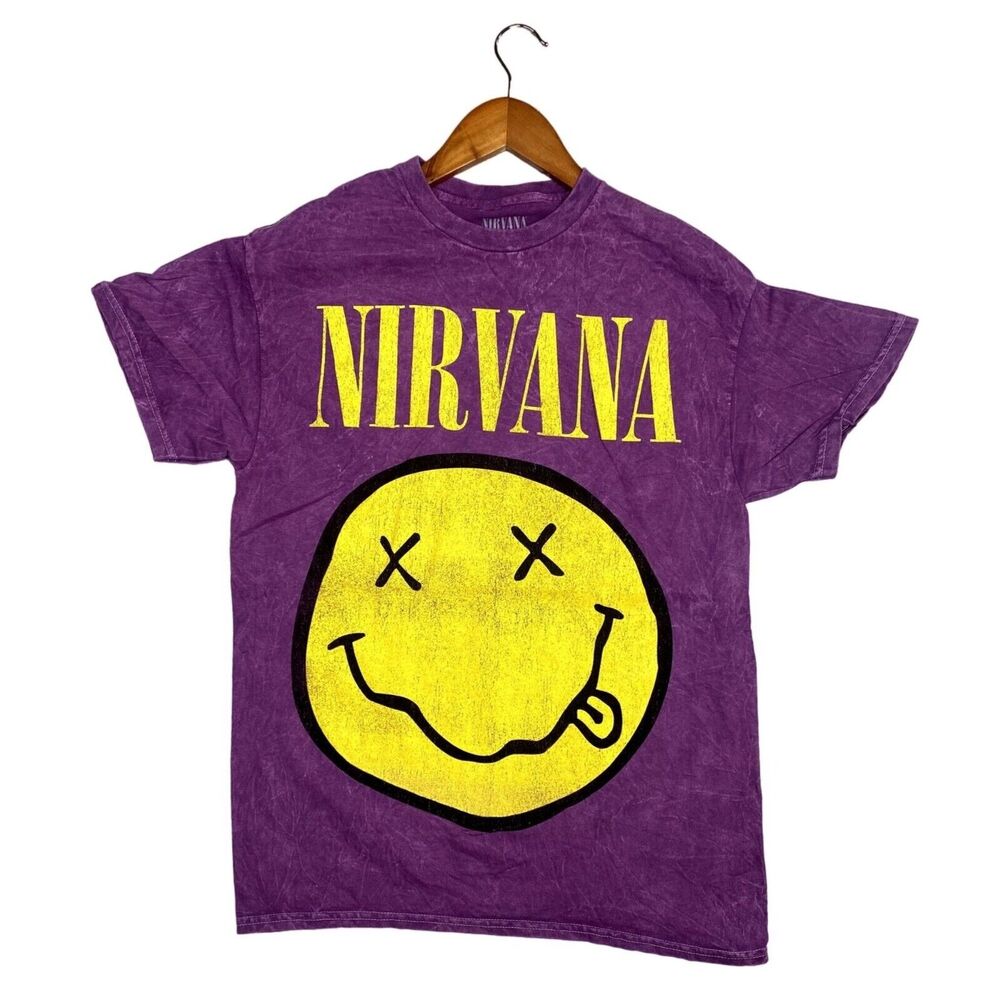 Nirvana Vintage Style Smile Back Short Sleeve Unisex T Shirt Crew Neck M Purple